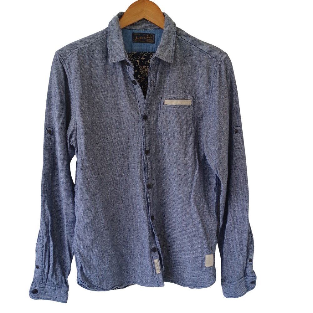 Scotch & Soda Blue Textured Button Down Shirt Floral Lining Roll Tab Sleeves Med